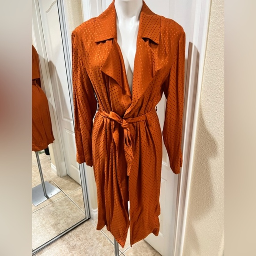 Slik trenchcoat dress and pant.